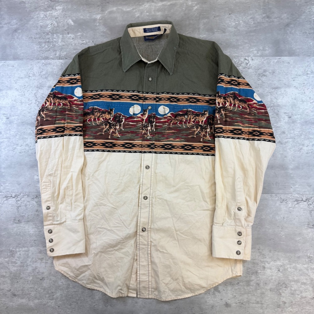 Panhandle Slim Mens Wolf Graphic Western Pearl Snap Shirt Olive Cream Medium